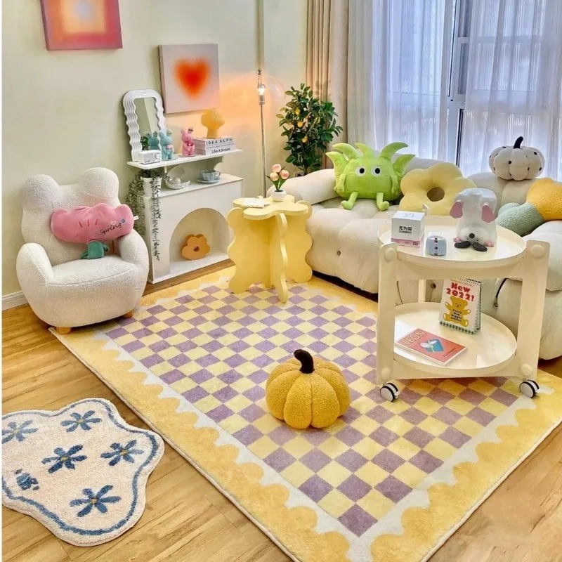 Commercial Dishwasher Table - ピンクブルーチェッカーボードベッドサイドカーペットかわいいドーパミン寝室の敷物ファッションイン高度なライト高級ソフトコーヒーテーブルマット 러그タピス
