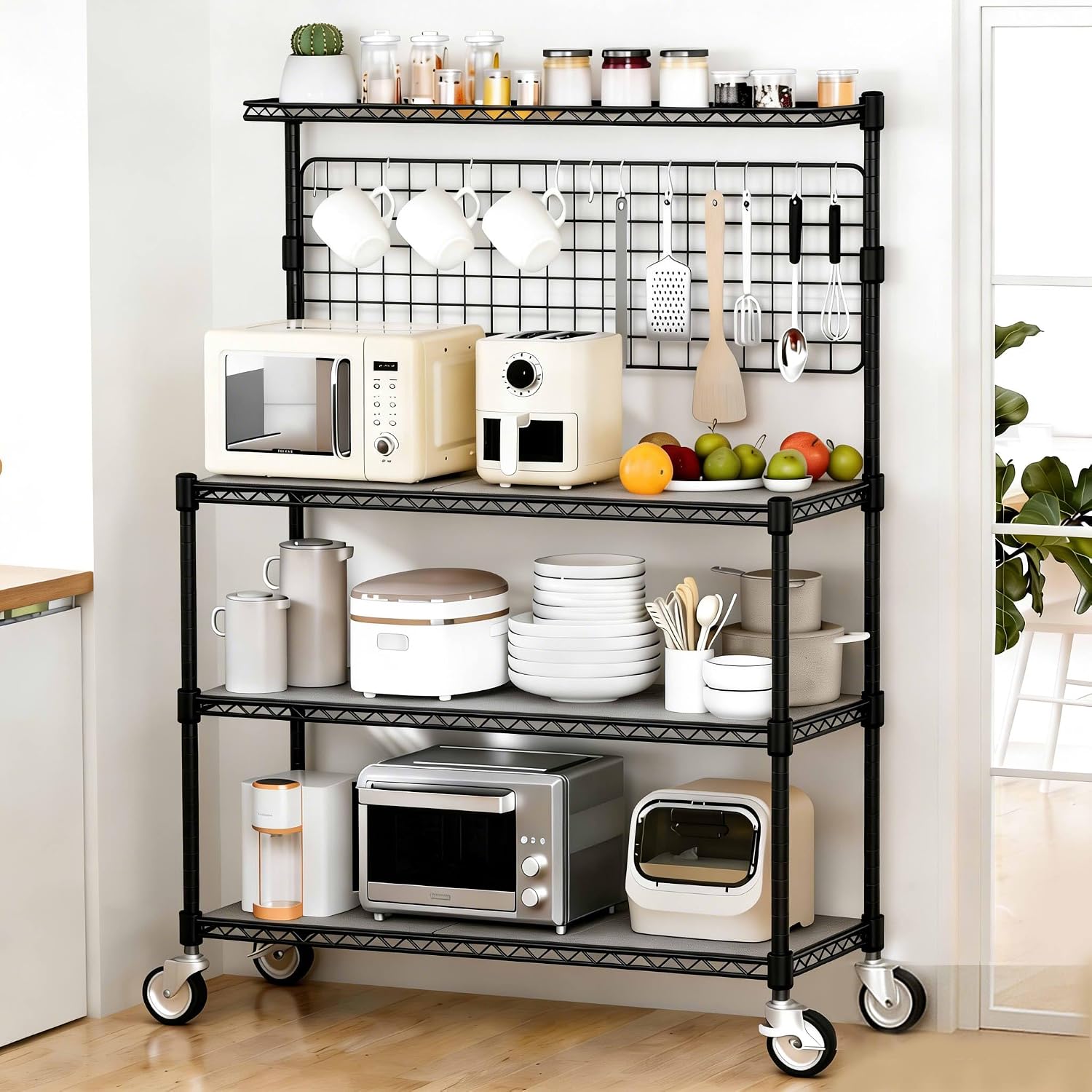 Commercial Kitchen Microwave - ベーカーズラックディスプレイスタンド収納棚トロリー業務用金属製ユーティリティキッチンカートローリング電子レンジスタンドオーガナイザーラックS字フック付き家庭用レストランパントリー用、ブラック