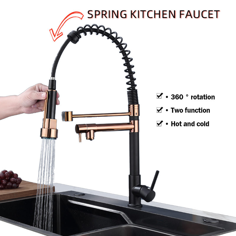 Commercial Kitchen Faucet - 1pc 多機能ブラックローズゴールドダブルアウトレット引き出し式スプレースプリング蛇口家庭用コールドとホットシングルハンド