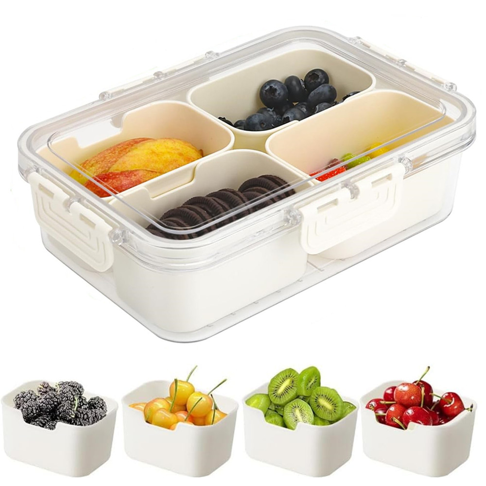 Commercial Kitchen Organization - ポータブル食品保存箱、スナック収納ボックス、蓋付き4つのコンパートメント、独立したサービングトレイ、キッチン用スナックボックス、フルーツフードコンテナ
