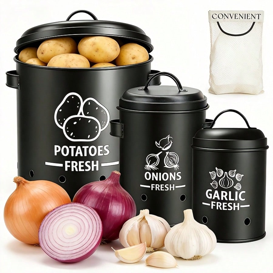 Commercial Kitchen Organization - ポテト・オニオン・ガーリック収納ビンセット、ファームハウス風ラスティックブラックメタル3ピース野菜収納容器、蓋付き、エアレーションホール付きで発芽防止、キッチンカウンターパントリーオーガナイザー、新築祝いギフト、クリスマスデコレーション