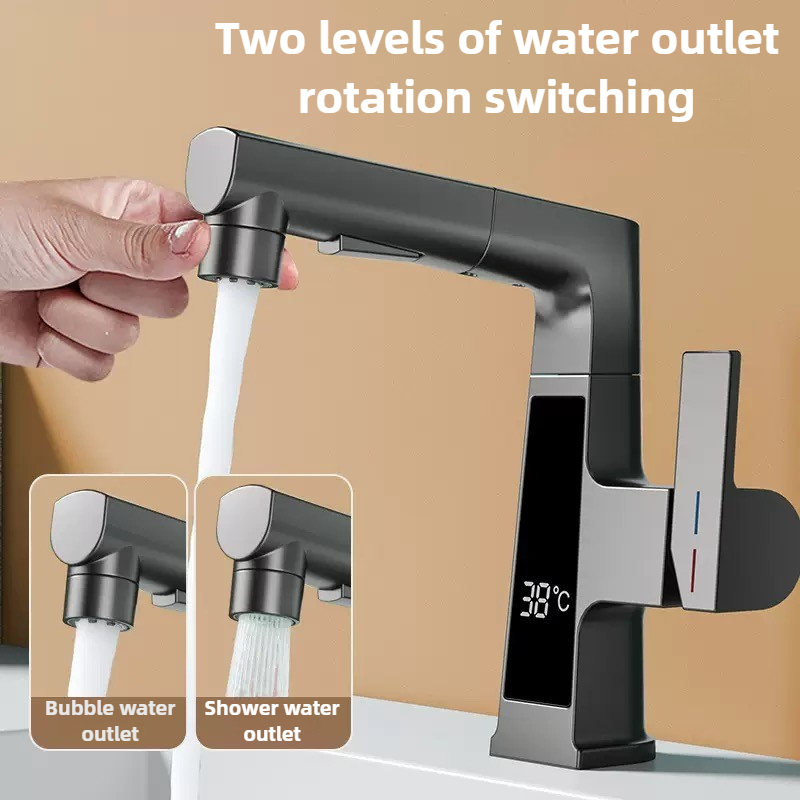 Commercial Kitchen Faucet - デジタルディスプレイ付きプルアウト式蛇口、インテリジェント温度センサー搭載真鍮製洗面台用蛇口、回転式昇降冷温水混合栓