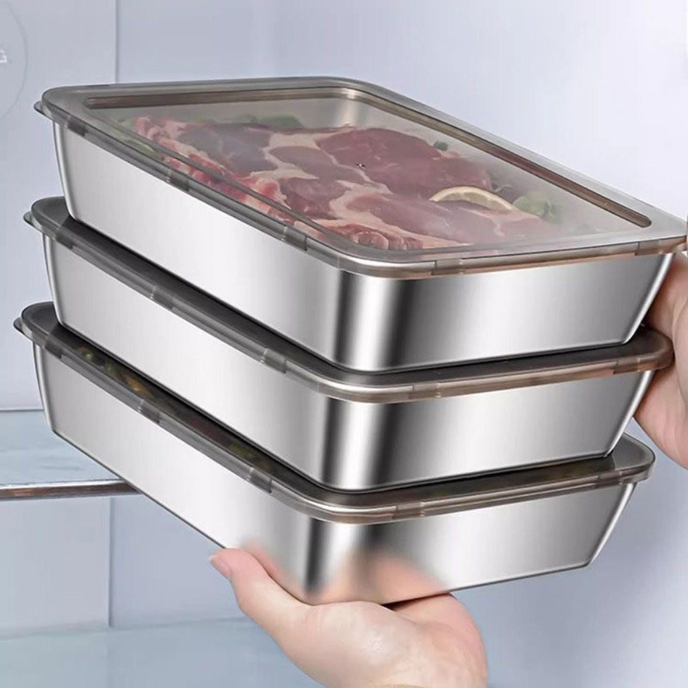 Commercial Kitchen Organization - 食品グレードのステンレス製サービングトレイ（蓋付き）、多目的な正方形収納容器、密閉型キッチンフードパン（カバー付き）