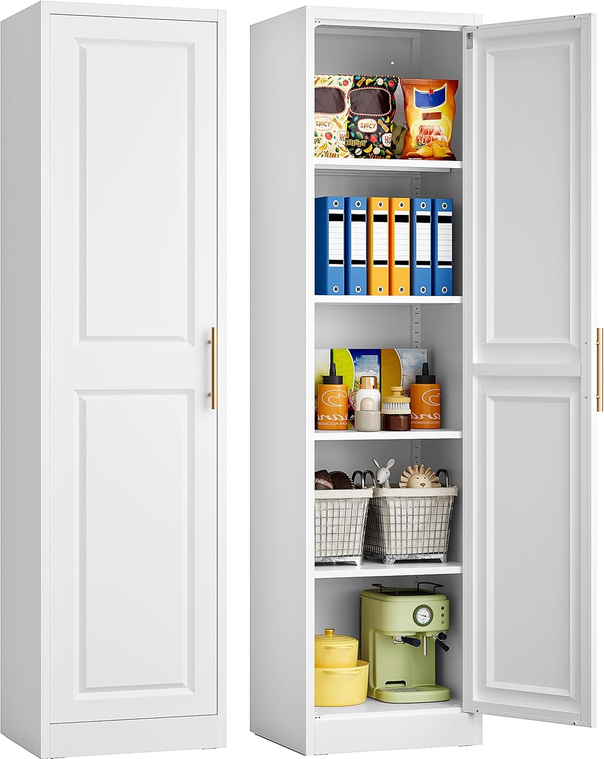 Commercial Kitchen Organization - 背の高い細長い収納キャビネット、1ドア5段、スリムキッチンパントリーキャビネット、金属製バスルームカップボード、大型オーガナイザーユニット、ホワイト
