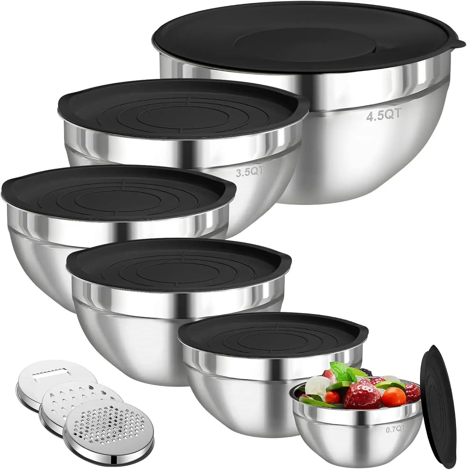 Commercial Kitchen Organization - 6個セット ステンレス製ミキシングボウル 密閉蓋付き 3種類のグレーター付き 重ねて収納可能 食品保存