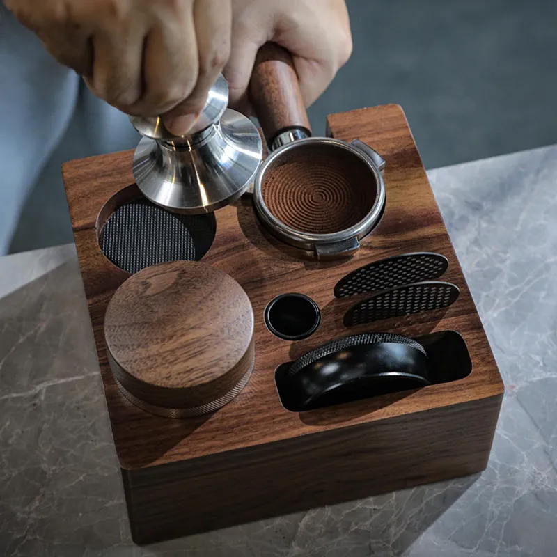 ウォールナットウッド製コーヒープレススタンド 多機能収納ベー - Commercial Kitchen Utensil Storage のレビューと価格