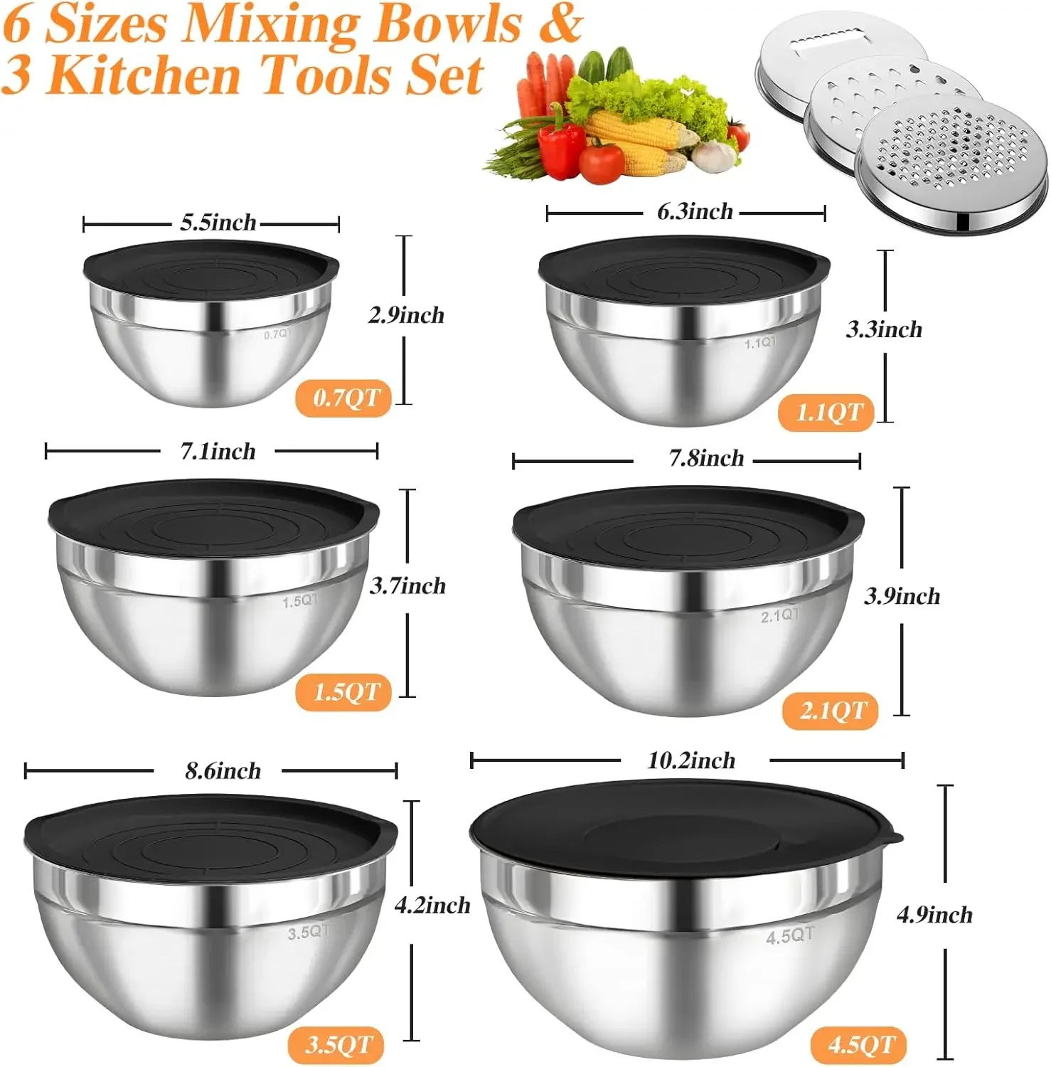 6個セット ステンレス製ミキシングボウル 密閉蓋付き 3種類 - Commercial Kitchen Organization のレビューと価格